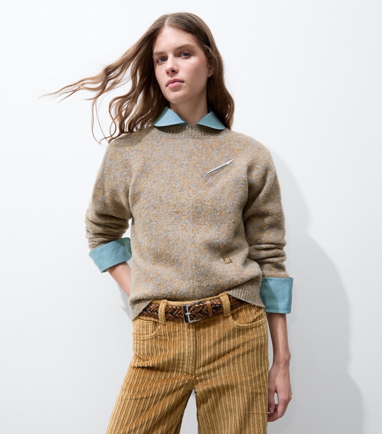 Tory Burch designer sweaters Wool Sweater in Brown Multi Melange on model detail