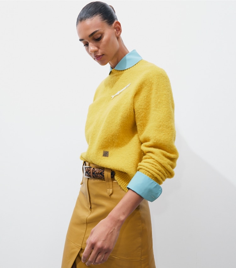 Tory Burch designer sweaters Wool Sweater in Dandelion on model detail