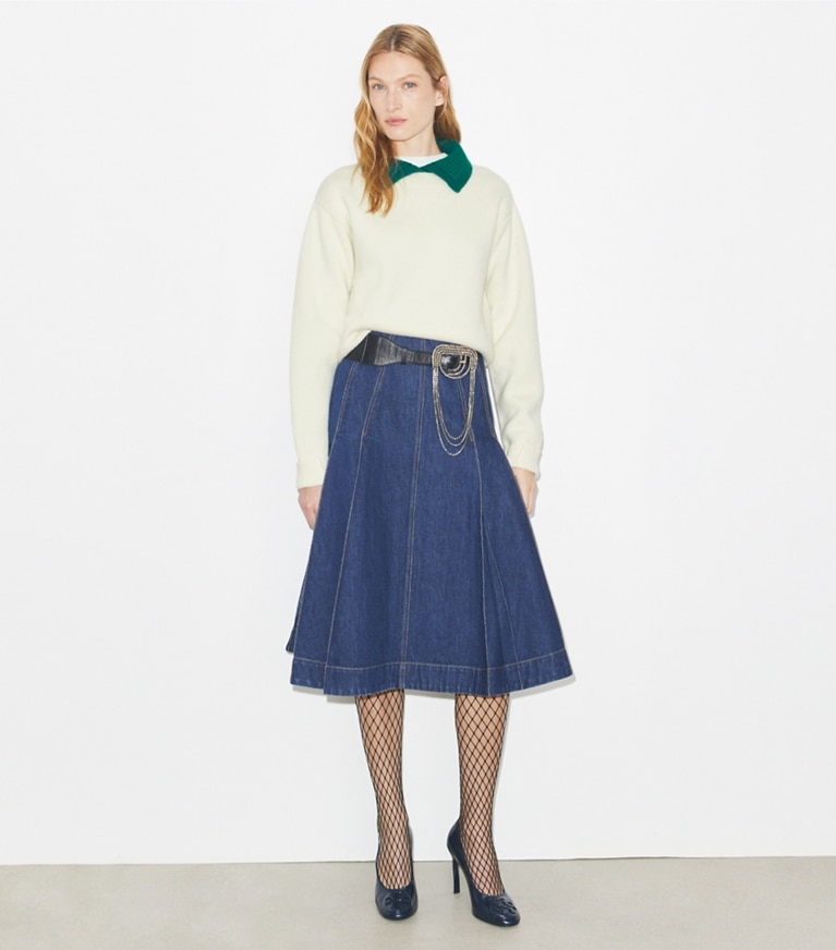 Tory Burch designer sweaters Wool Sweater in White / Emerald on model front