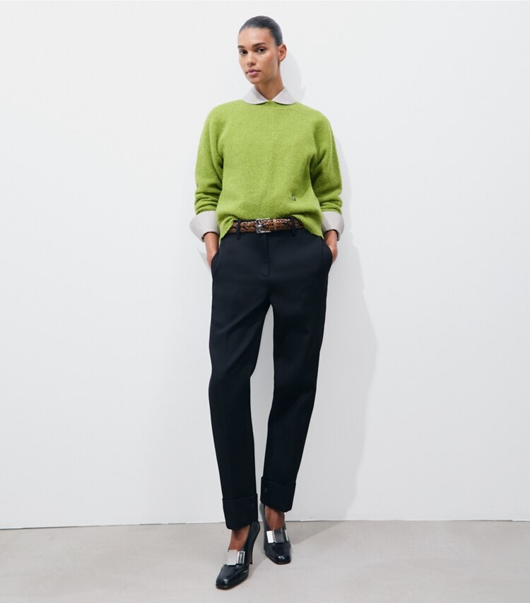 Tory Burch designer sweaters Wool Sweater in Avocado on model front