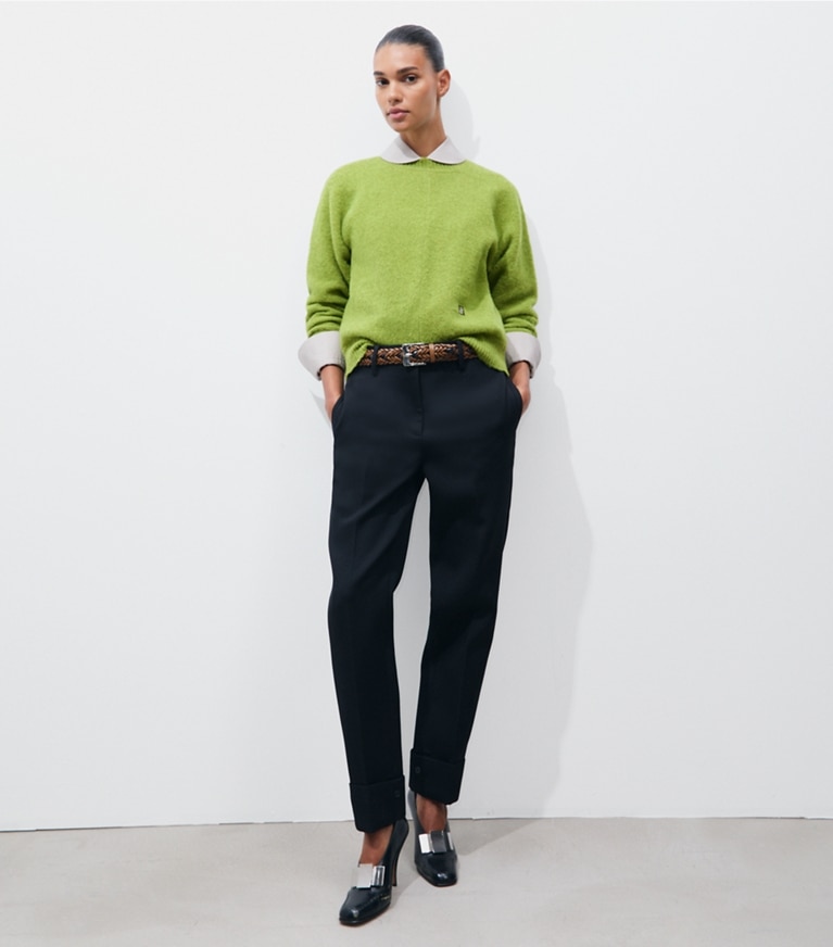 Tory Burch designer sweaters Wool Sweater in Avocado on model front
