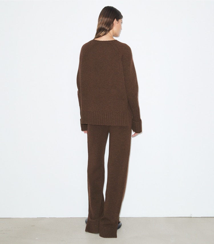 Tory Burch designer bottoms Wool Sweater Pant in Dark Roast on model back