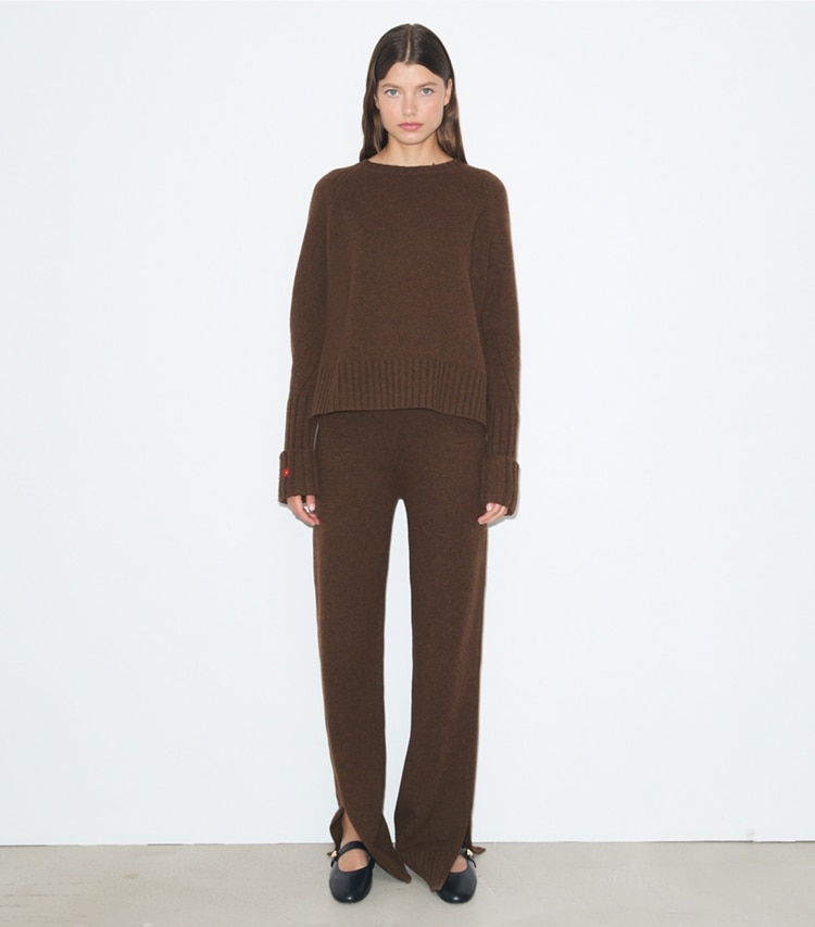 Tory Burch designer bottoms Wool Sweater Pant in Dark Roast on model front