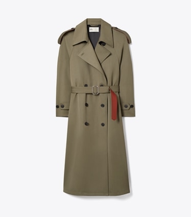 Tory Burch designer coats Wool Trench Coat in Olive Khaki front