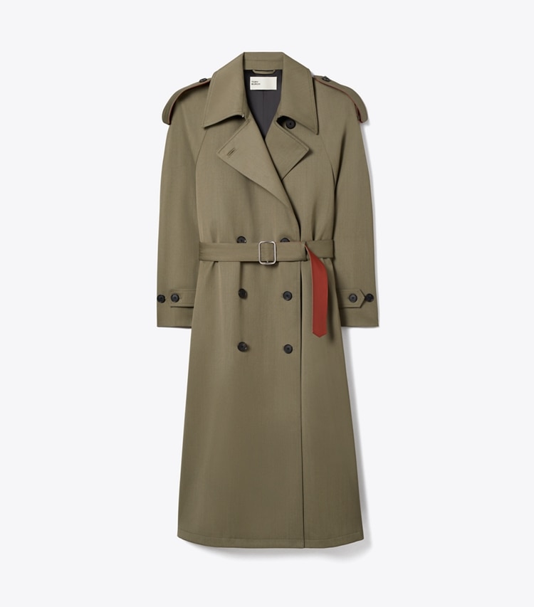 Tory Burch designer coats Wool Trench Coat in Olive Khaki front