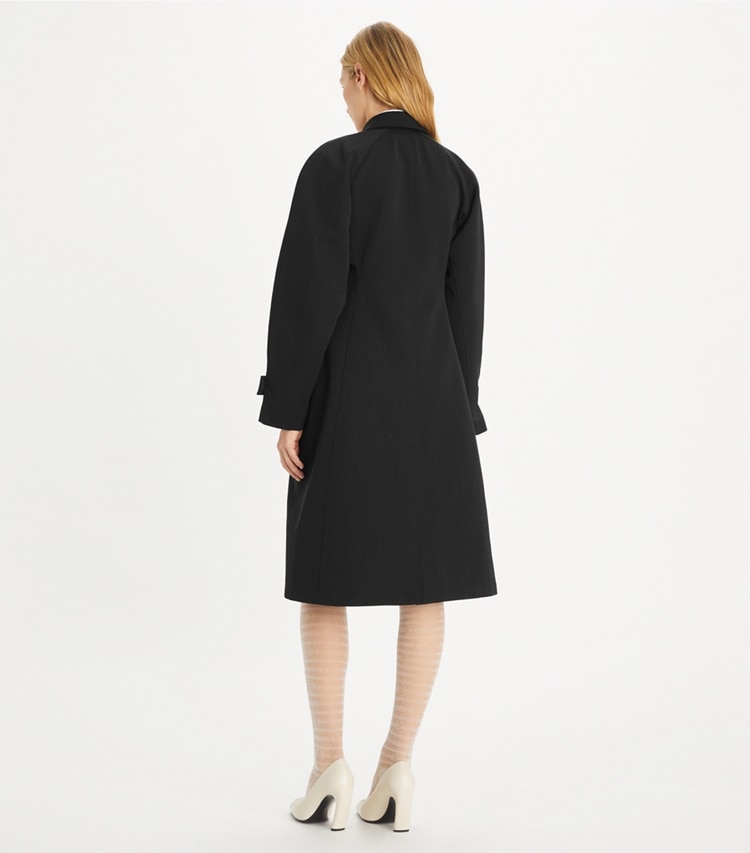 Tory Burch designer coats Wool Trench Coat in Night Shadow on model back