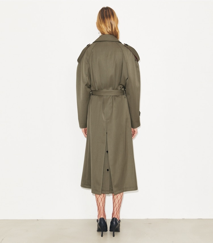 Tory Burch designer coats Wool Trench Coat in Olive Khaki on model back
