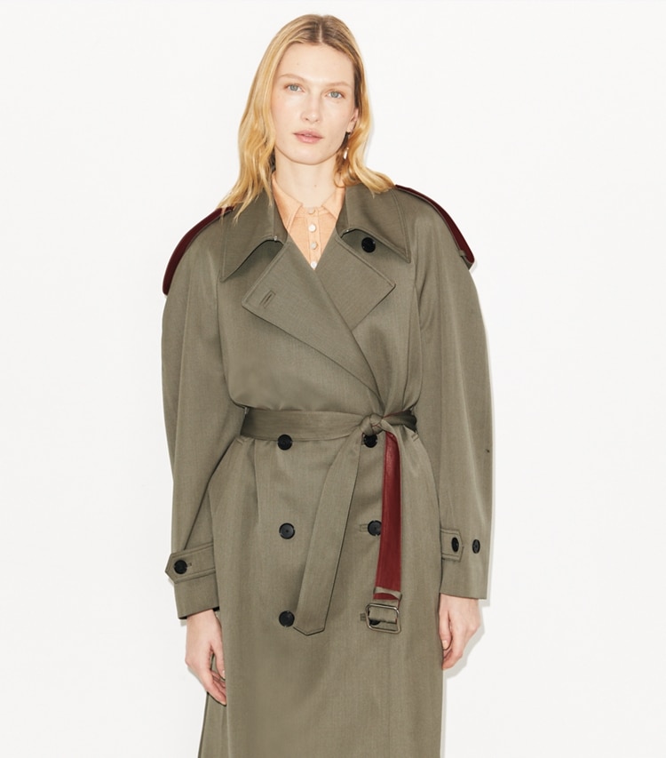 Tory Burch designer coats Wool Trench Coat in Olive Khaki on model detail