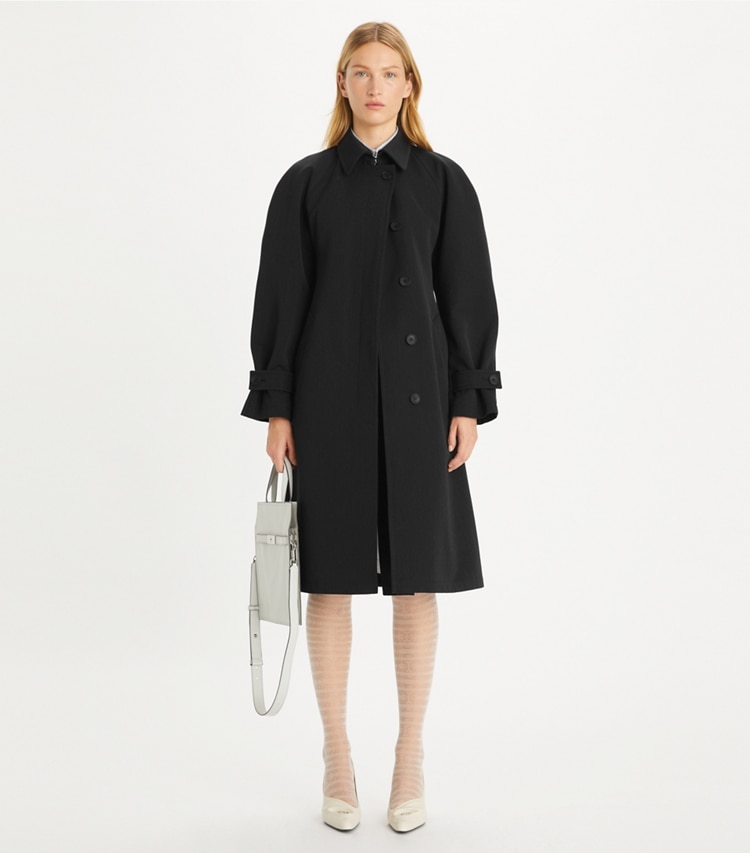 Tory Burch designer coats Wool Trench Coat in Night Shadow on model front
