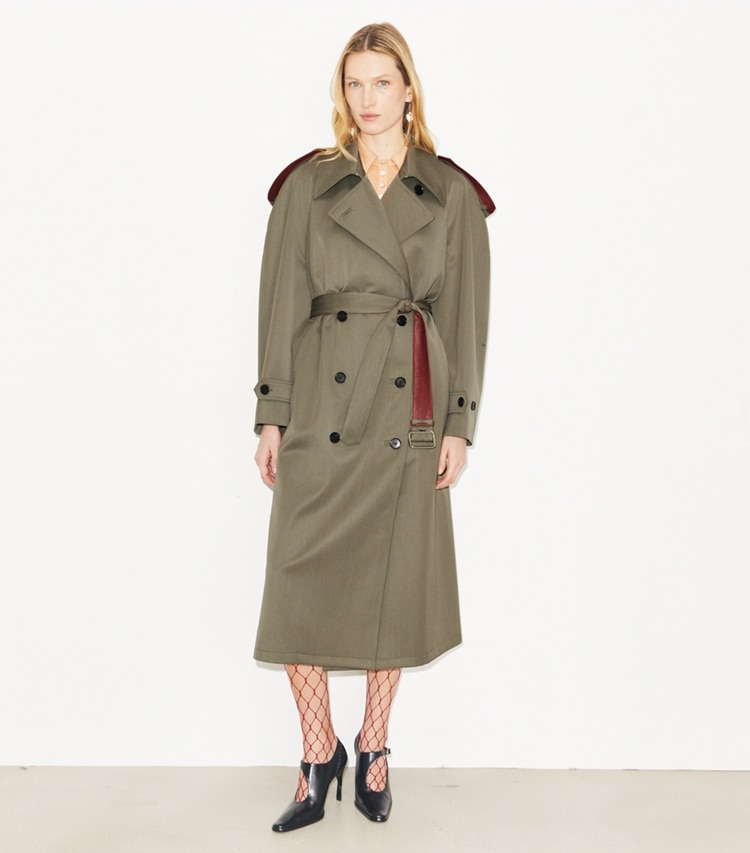 Tory Burch designer coats Wool Trench Coat in Olive Khaki on model front