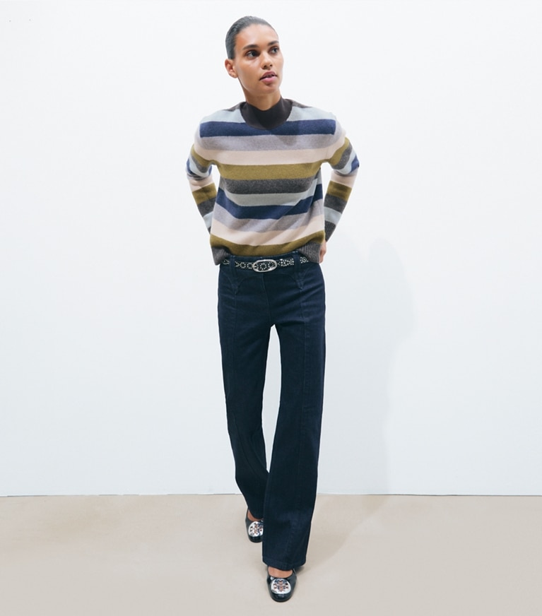 Tory Burch designer sweaters Wool Turtleneck Sweater in Graphite Multicolor Stripe additional on model