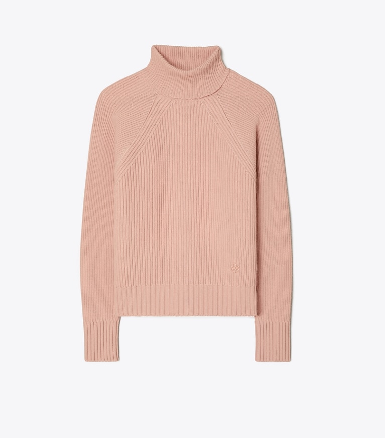Tory Sport designer sweaters Wool Turtleneck Sweater in Dusk Pink front