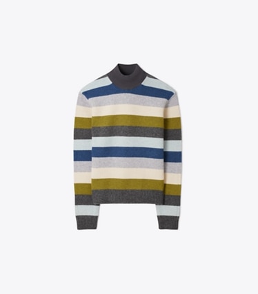 Tory Burch designer sweaters Wool Turtleneck Sweater in Graphite Multicolor Stripe front