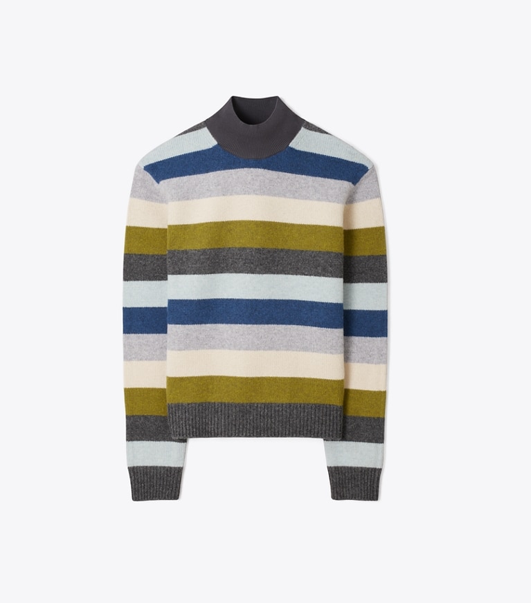 Tory Burch designer sweaters Wool Turtleneck Sweater in Graphite Multicolor Stripe front