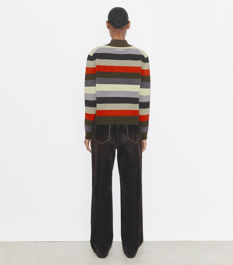 Tory Burch designer sweaters Wool Turtleneck Sweater in Red Evening Stripe front