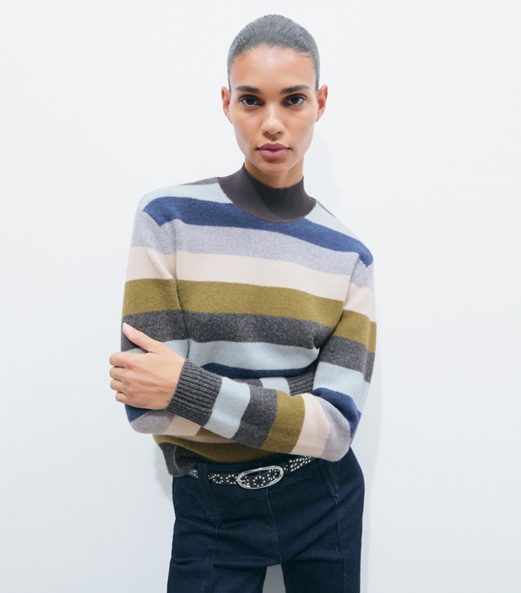 Tory Burch designer sweaters Wool Turtleneck Sweater in Graphite Multicolor Stripe on model detail