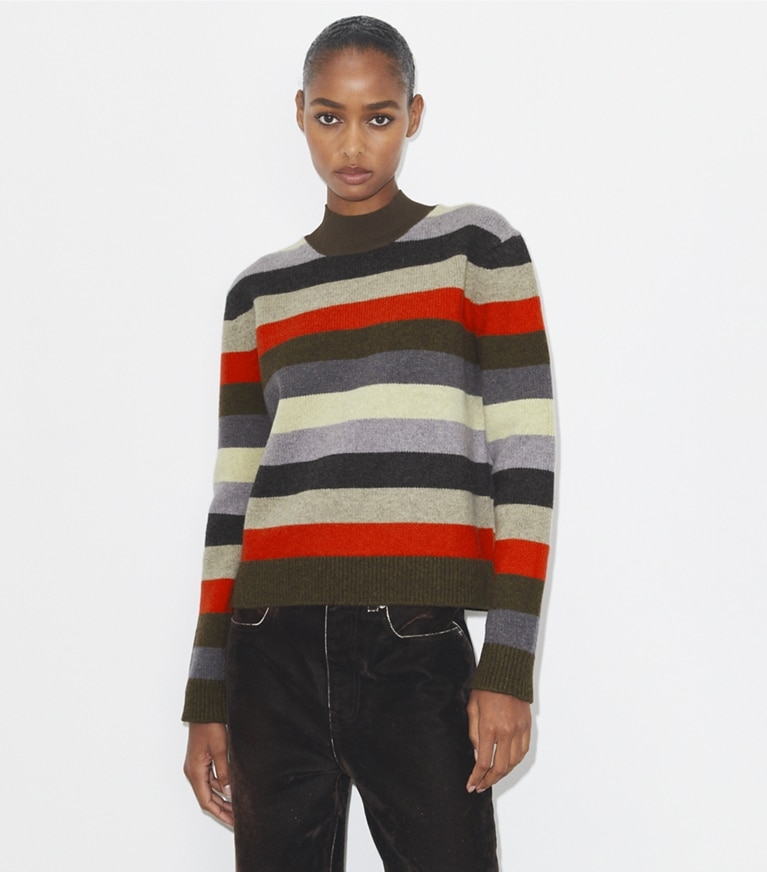 Tory Burch designer sweaters Wool Turtleneck Sweater in Red Evening Stripe front