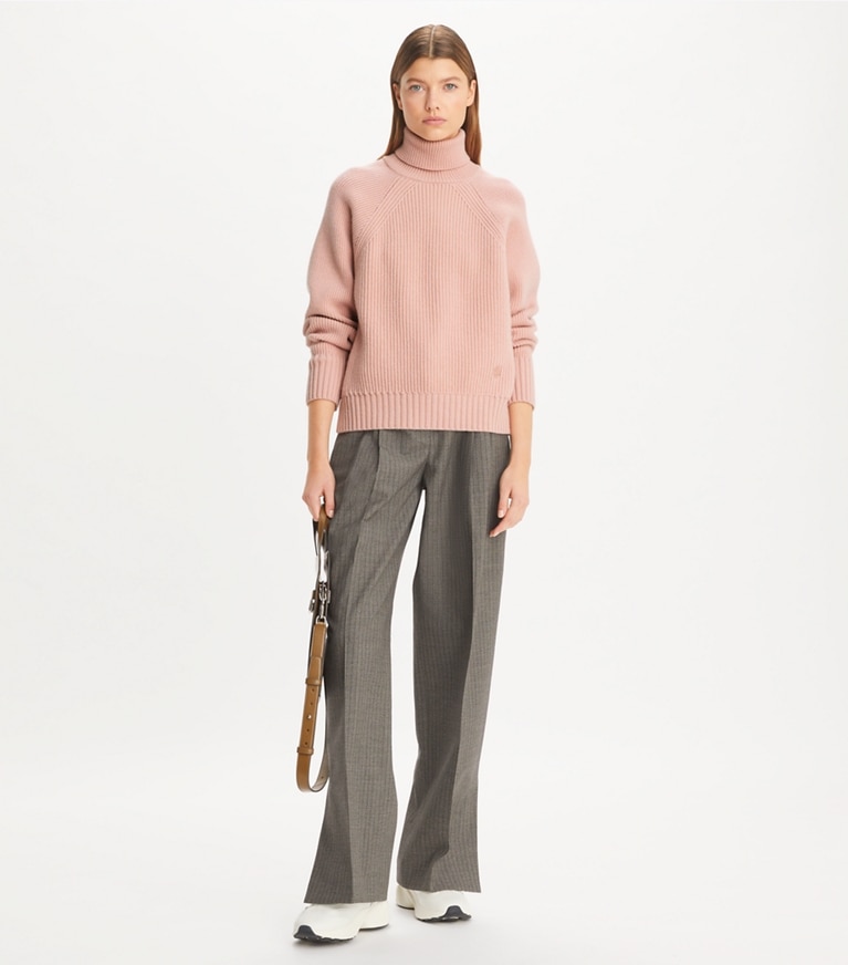 Tory Sport designer sweaters Wool Turtleneck Sweater in Dusk Pink front