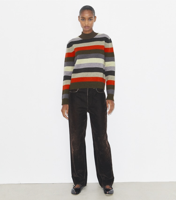 Tory Burch designer sweaters Wool Turtleneck Sweater in Red Evening Stripe on model front