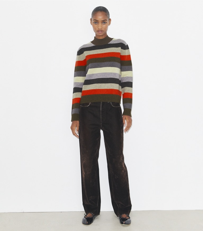 Tory Burch designer sweaters Wool Turtleneck Sweater in Red Evening Stripe front