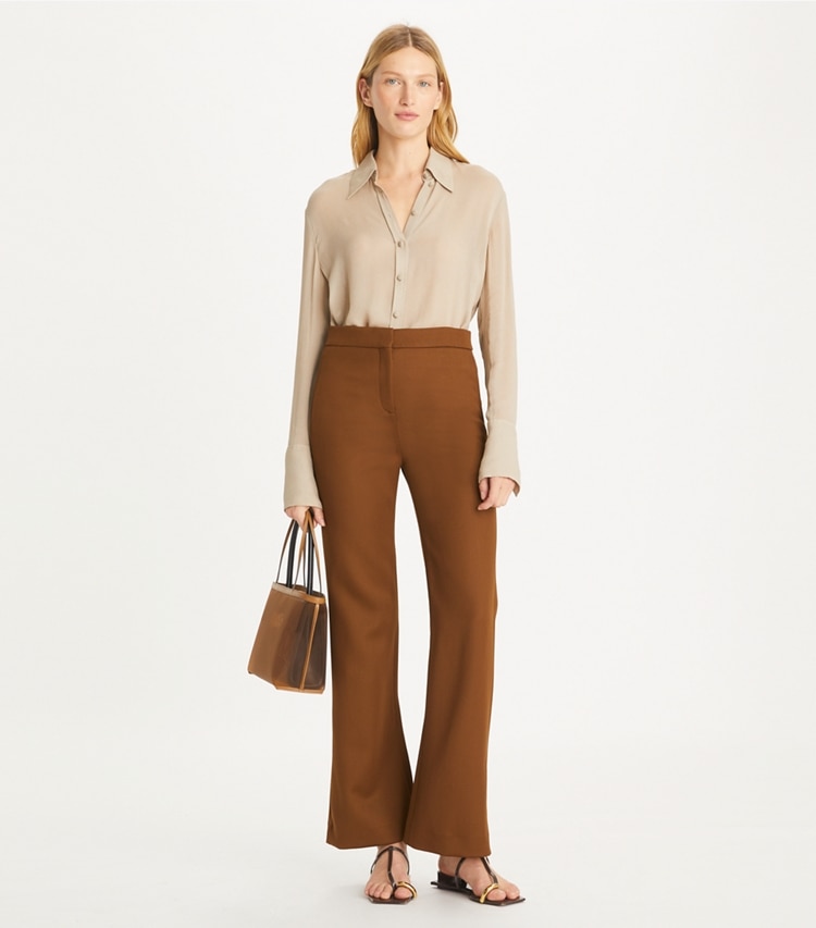 Tory Burch designer bottoms Wool Twill Pant in Mocha Chip on model front