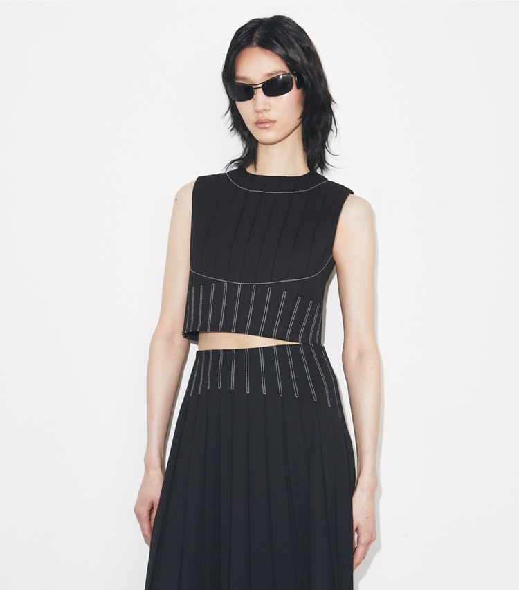 Tory Burch designer tops Wool Twill Pleated Top in Black on model detail
