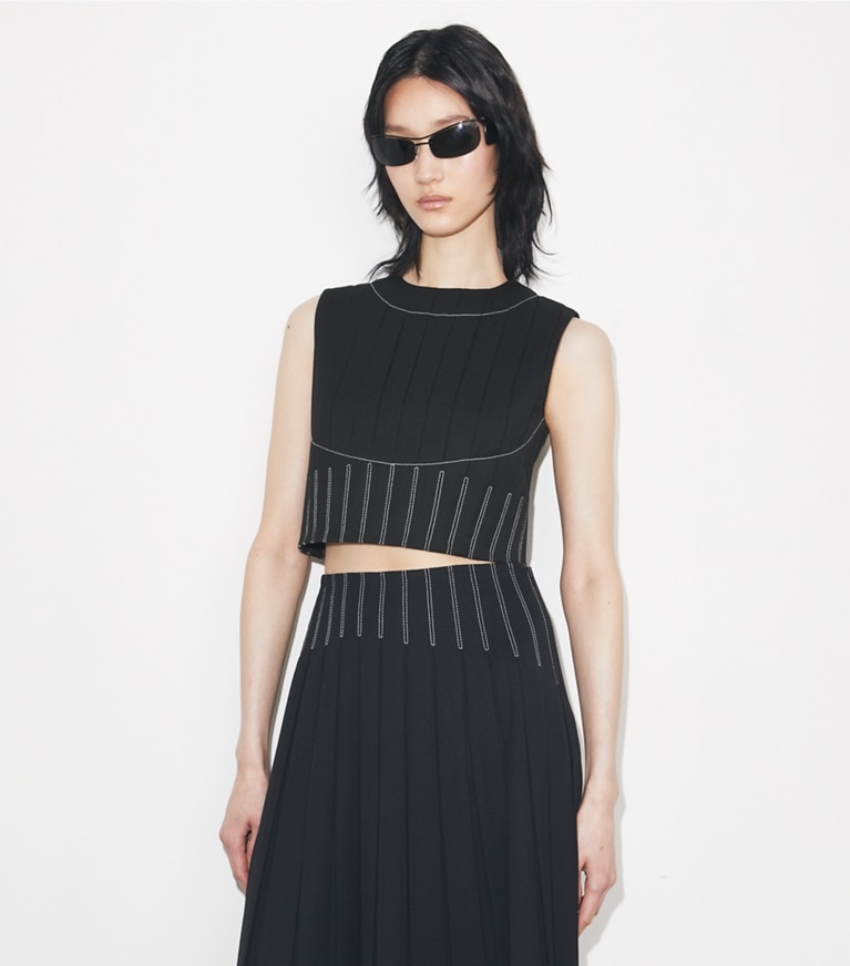 Tory Burch designer tops Wool Twill Pleated Top in Black on model detail