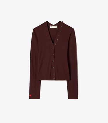 Tory Burch designer sweaters Wool V-Neck Cardigan in Dark Sangria front