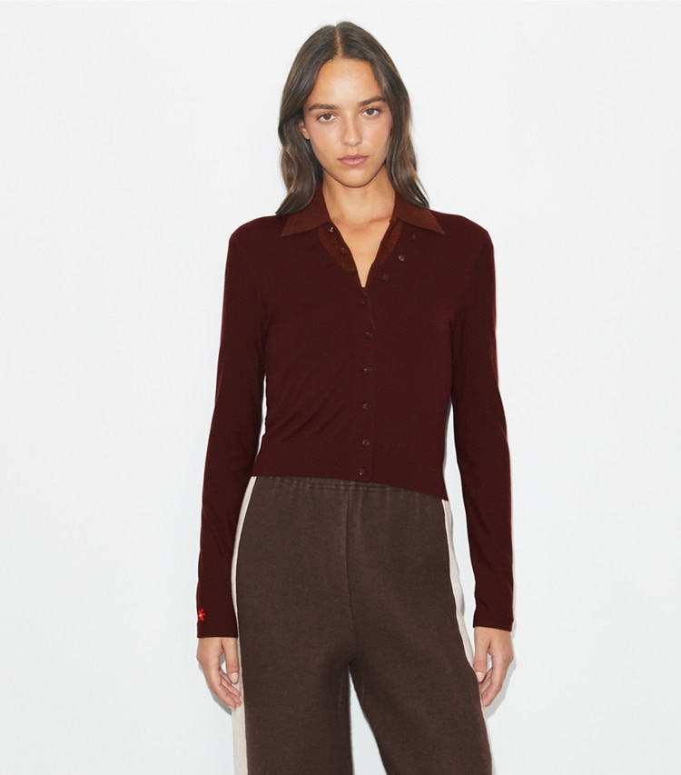 Tory Burch designer sweaters Wool V-Neck Cardigan in Dark Sangria on model detail