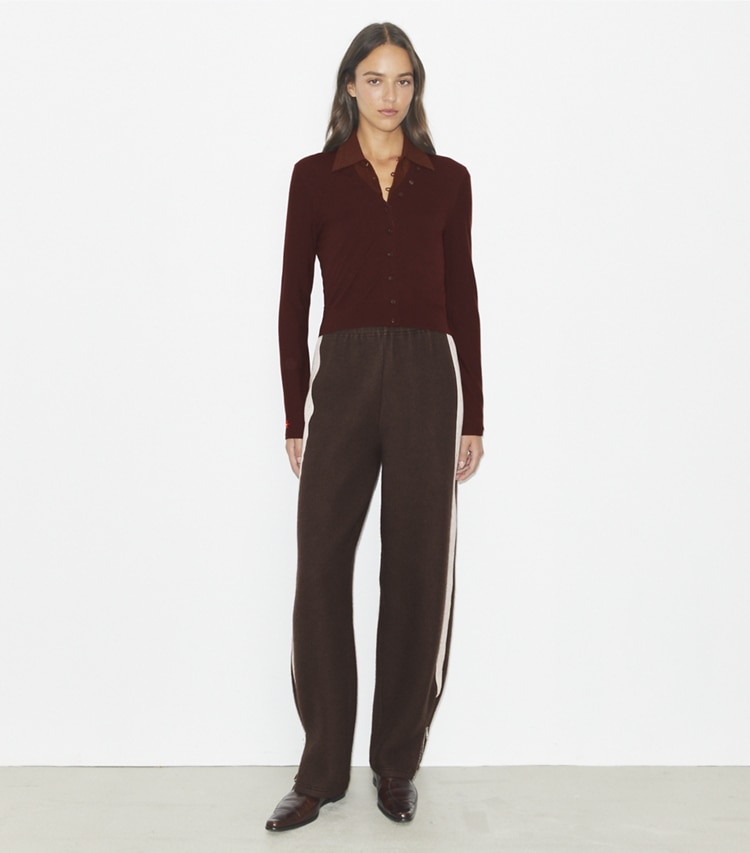 Tory Burch designer sweaters Wool V-Neck Cardigan in Dark Sangria on model front