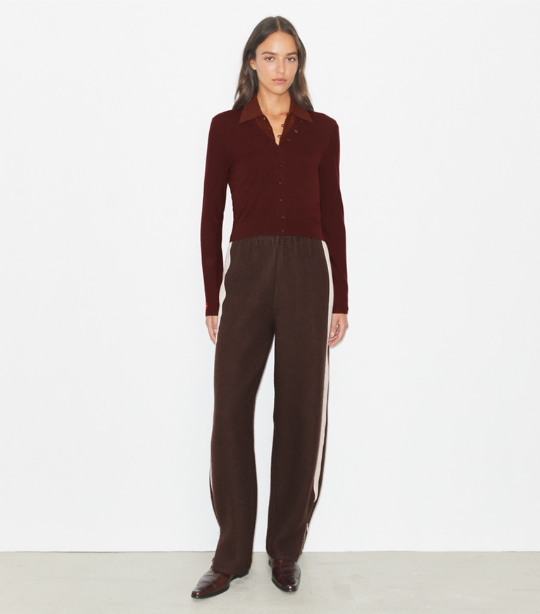 Tory Burch designer sweaters Wool V-Neck Cardigan in Dark Sangria front
