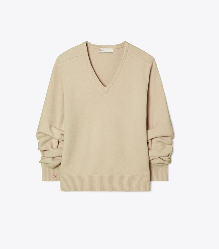 Tory Burch designer sweaters Wool V-Neck Sweater in Soft Cashew Melange front