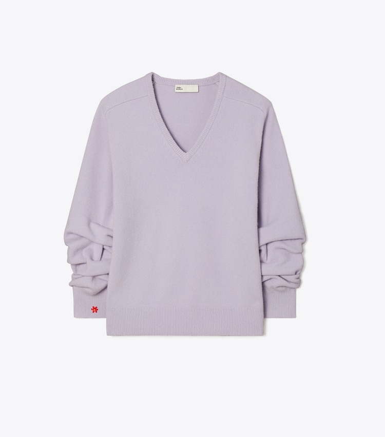 Tory Burch designer sweaters Wool V-Neck Sweater in Lavender Dusk front