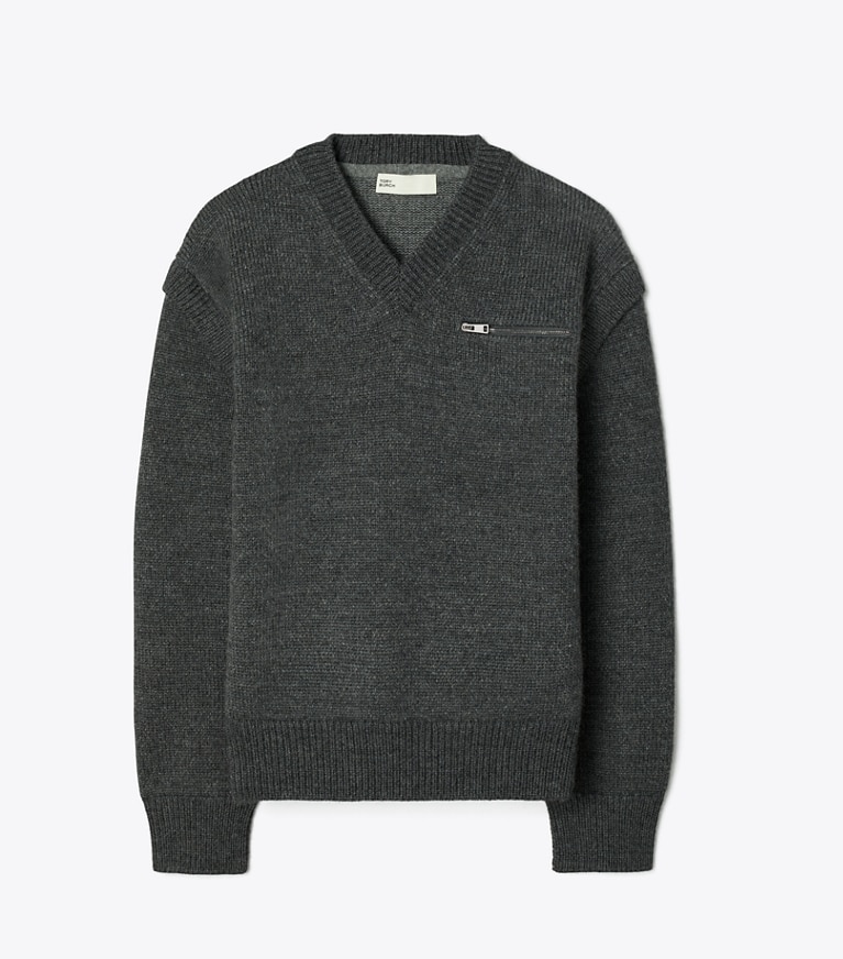 Tory Burch designer sweaters Wool V-Neck Sweater in Dark Gray Melange front