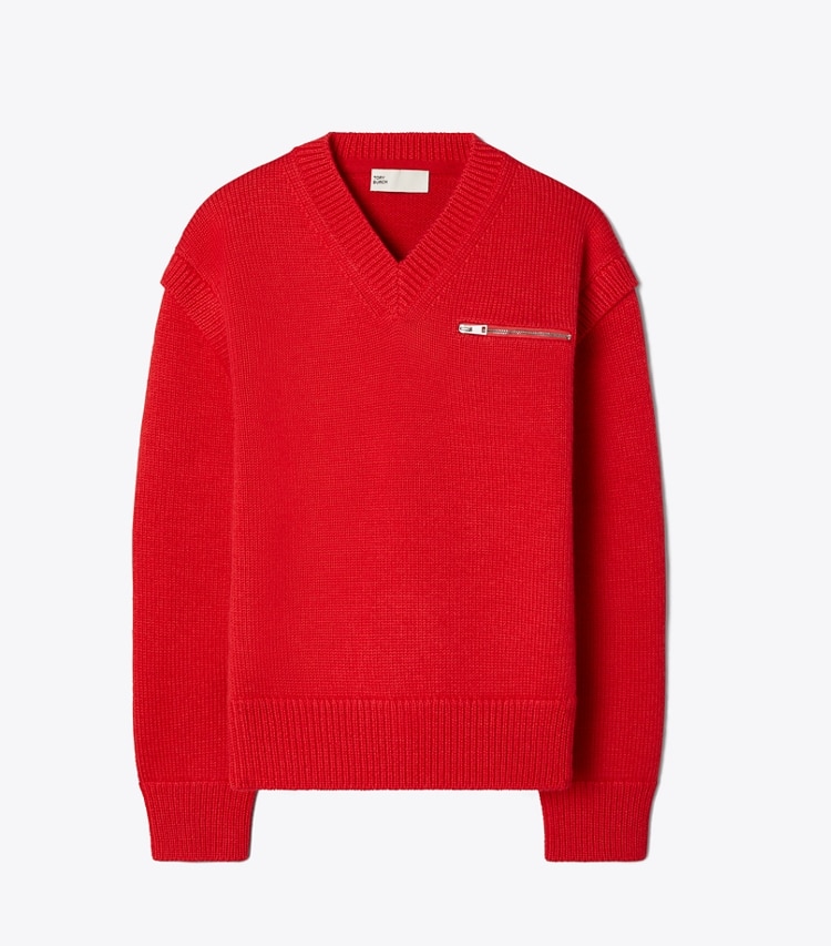 Tory Burch designer sweaters Wool V-Neck Sweater in Red Crimson front