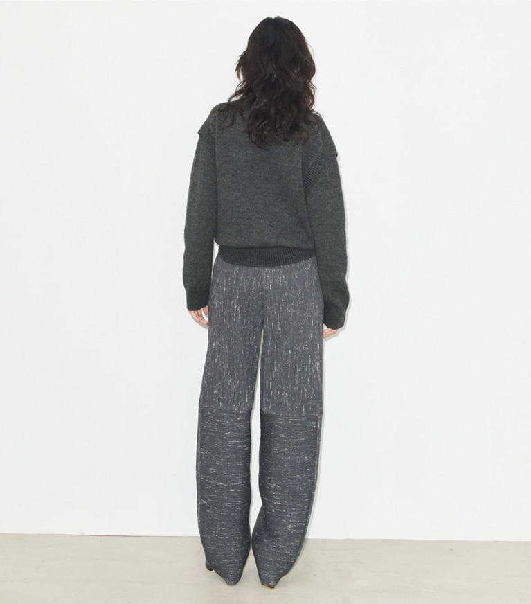 Tory Burch designer sweaters Wool V-Neck Sweater in Dark Gray Melange on model back