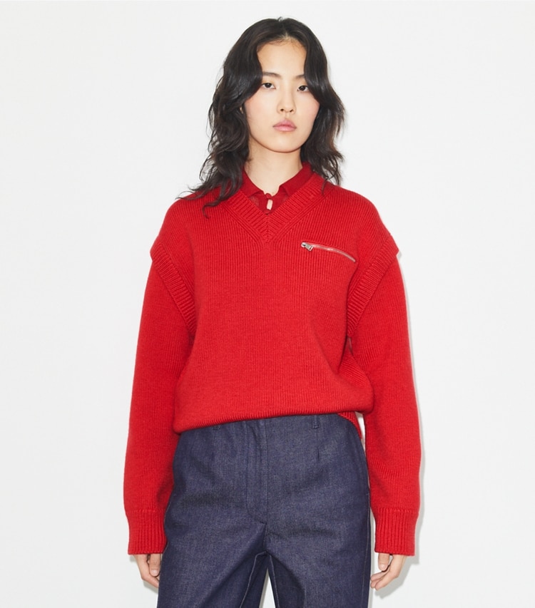 Tory Burch designer sweaters Wool V-Neck Sweater in Red Crimson on model detail