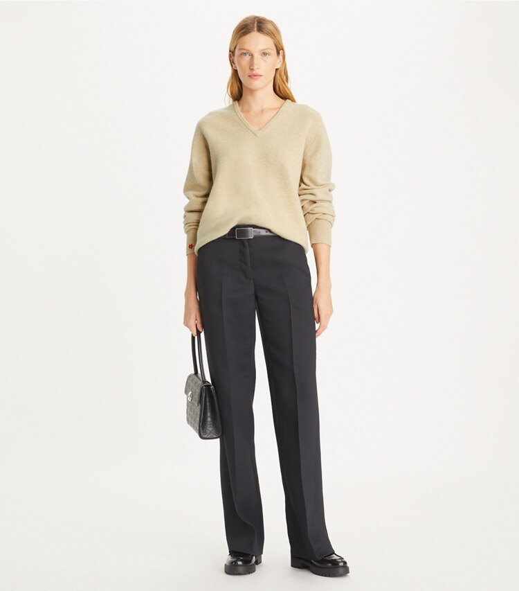 Tory Burch designer sweaters Wool V-Neck Sweater in Soft Cashew Melange on model front