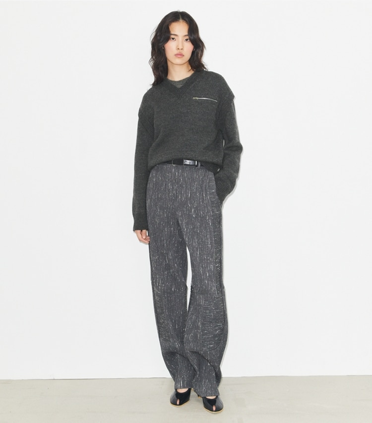 Tory Burch designer sweaters Wool V-Neck Sweater in Dark Gray Melange on model front