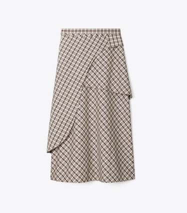 Tory Burch designer bottoms Wool Wrap Skirt in Plum/Ivory Windowpane front