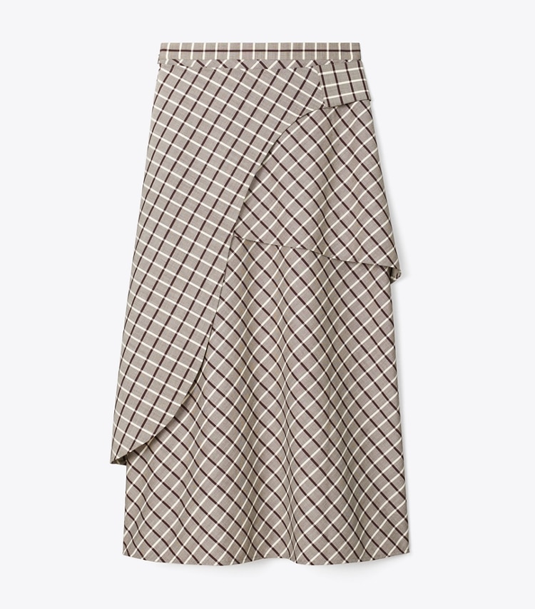 Tory Burch designer bottoms Wool Wrap Skirt in Plum/Ivory Windowpane front