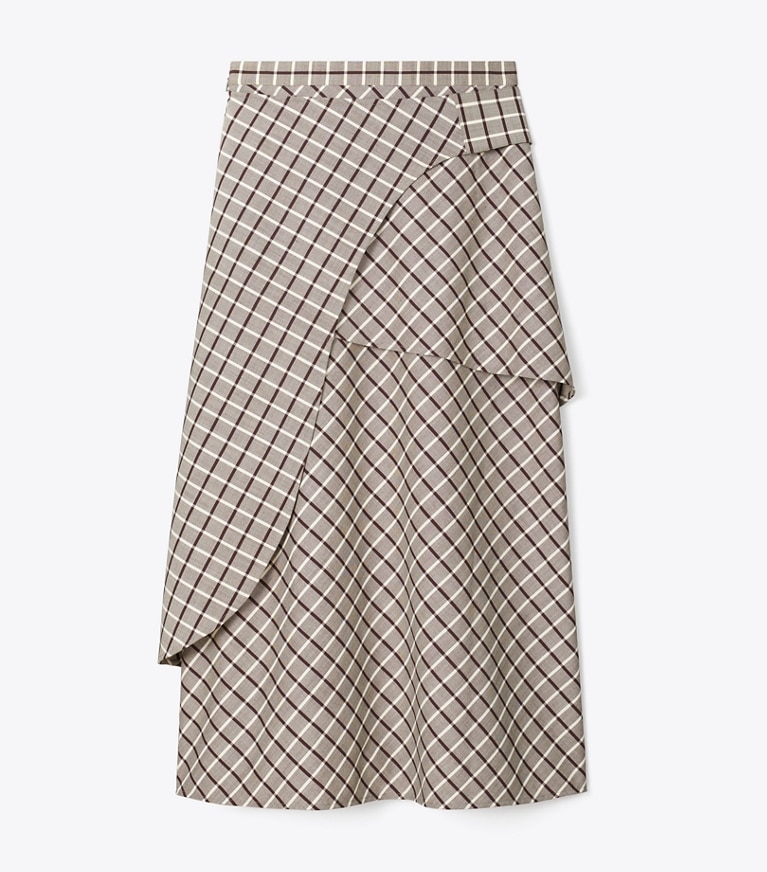 Tory Burch designer bottoms Wool Wrap Skirt in Plum/Ivory Windowpane front