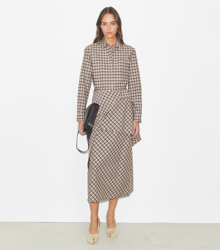 Tory Burch designer bottoms Wool Wrap Skirt in Plum/Ivory Windowpane front