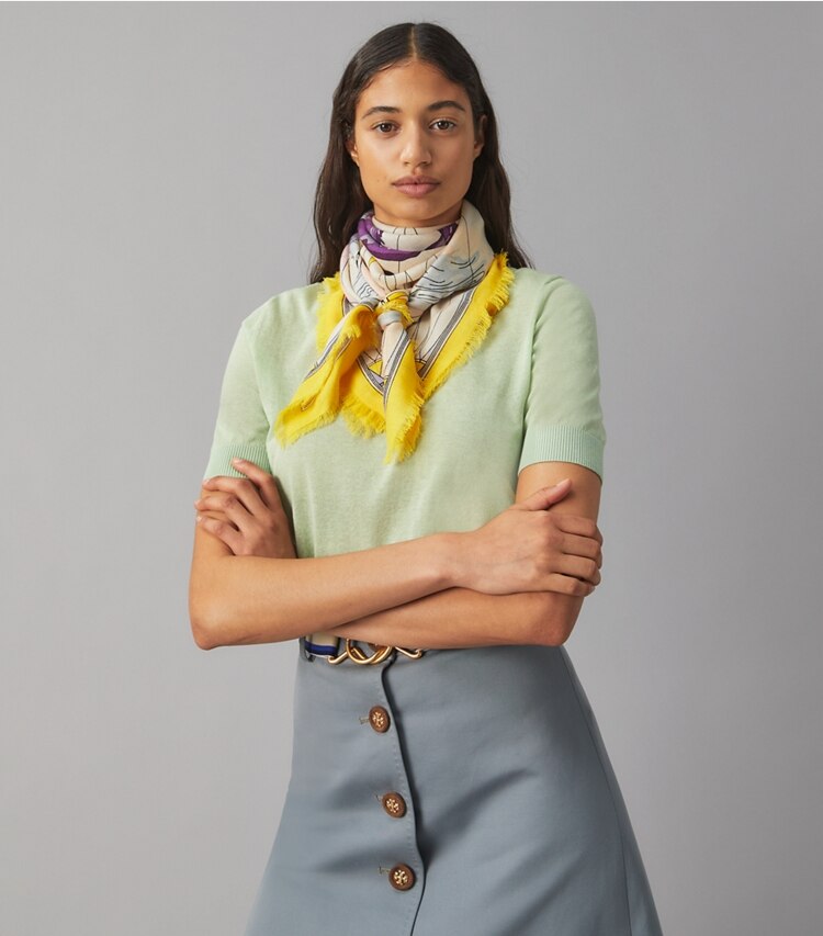 Tory Burch designer scarves World Map Wool Square Scarf in Lilac accessory on model