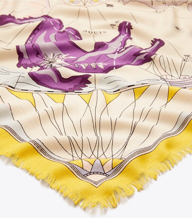 Tory Burch designer scarves World Map Wool Square Scarf in Lilac overhead