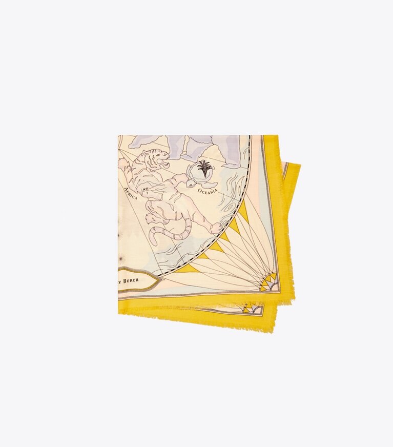 Tory Burch designer scarves World Map Wool Square Scarf in Lilac overhead