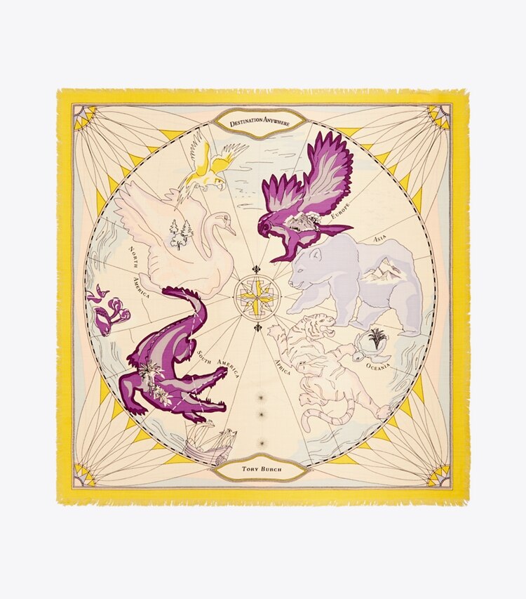 Tory Burch designer scarves World Map Wool Square Scarf in Lilac overhead