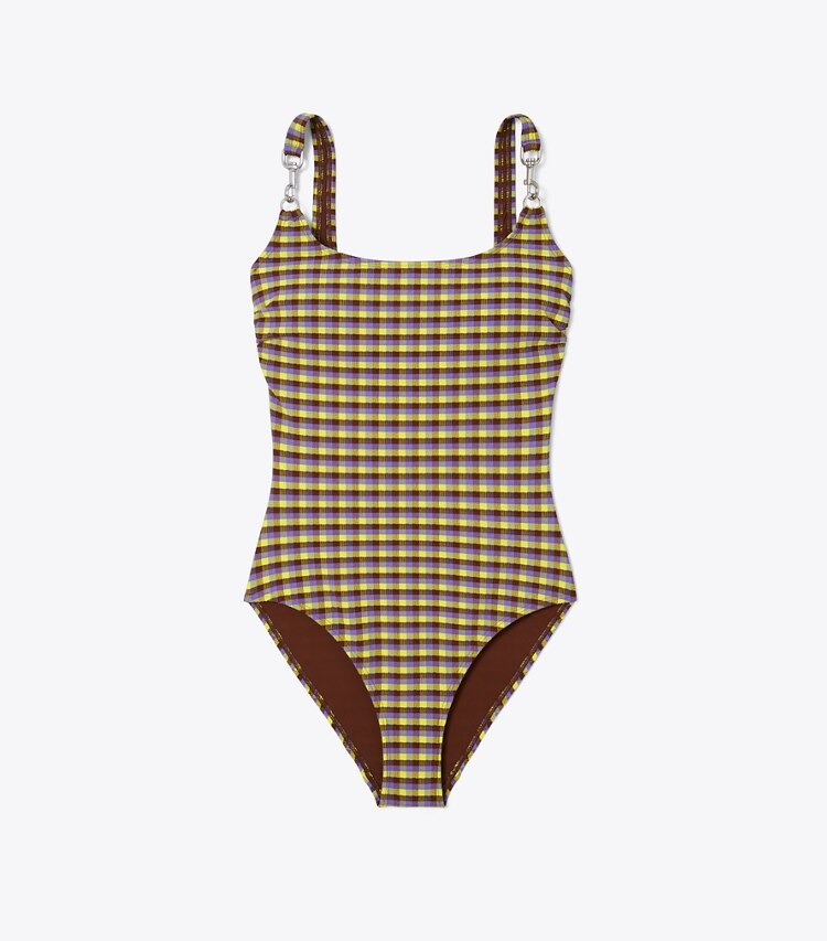 Tory Burch designer one pieces Woven Clip Tank Suit in Purple Veronica Plaid front