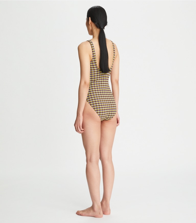 Tory Burch designer one pieces Woven Clip Tank Suit in Purple Veronica Plaid front