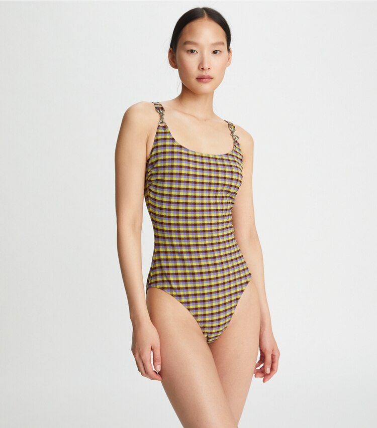 Tory Burch designer one pieces Woven Clip Tank Suit in Purple Veronica Plaid on model detail